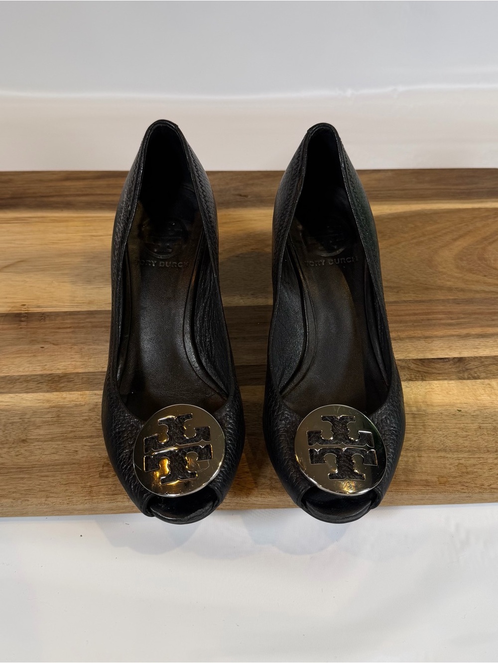Tory Burch Black Leather Peep-Toe Wedge with Logo Medallion Sz 6?
